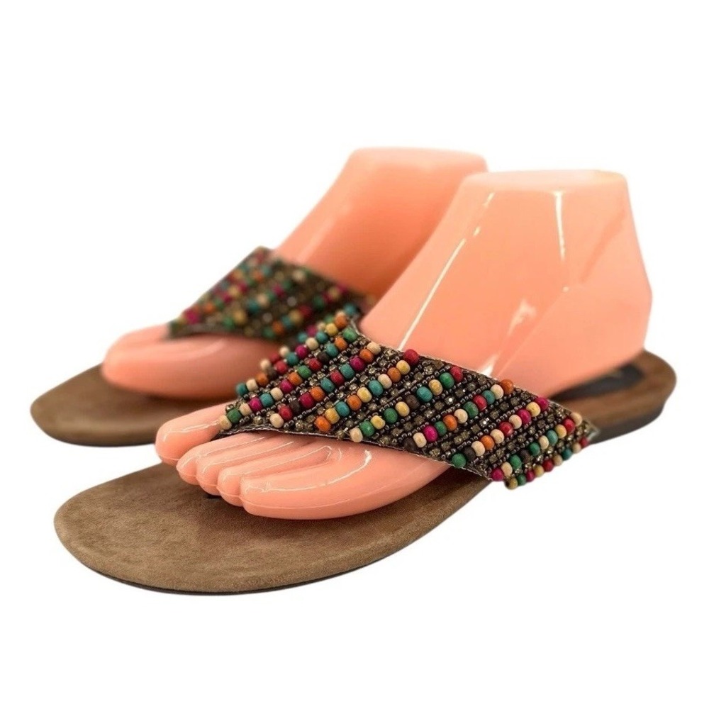 J Renee Flip Flops Thong Sandal Womens Size 10 Slip On Shoe Brown Beaded Leather